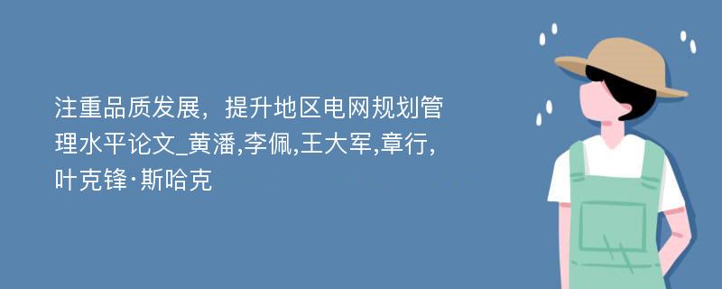 注重品质发展，提升地区电网规划管理水平论文_黄潘,李佩,王大军,章行,叶克锋·斯哈克