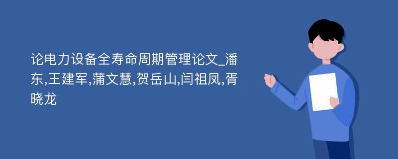 论电力设备全寿命周期管理论文_潘东,王建军,蒲文慧,贺岳山,闫祖凤,胥晓龙