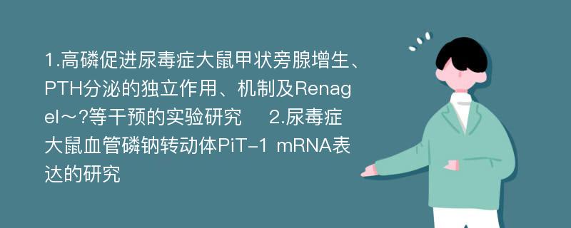 1.高磷促进尿毒症大鼠甲状旁腺增生、PTH分泌的独立作用、机制及Renagel～?等干预的实验研究 　2.尿毒症大鼠血管磷钠转动体PiT-1 mRNA表达的研究